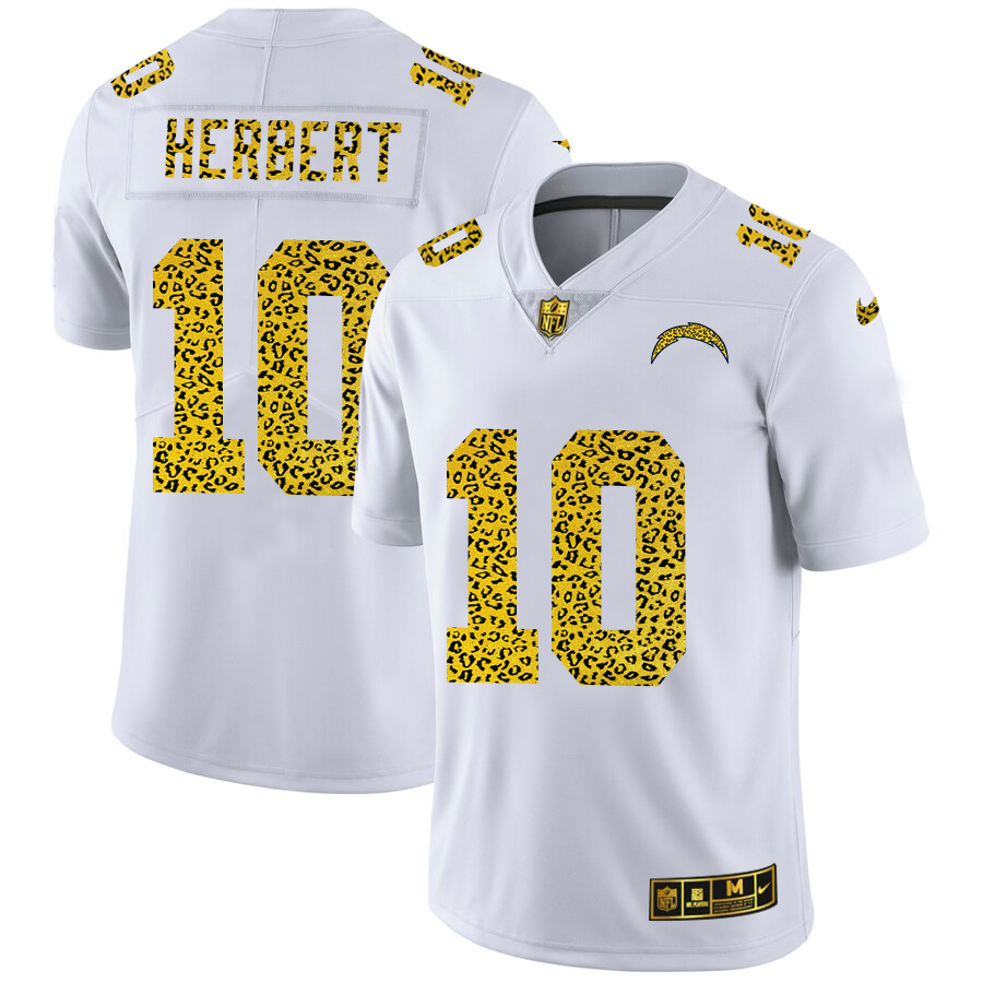 Custom Los Angeles Chargers 10 Justin Herbert Men Nike Flocked Leopard Print Vapor Limited NFL Jersey White